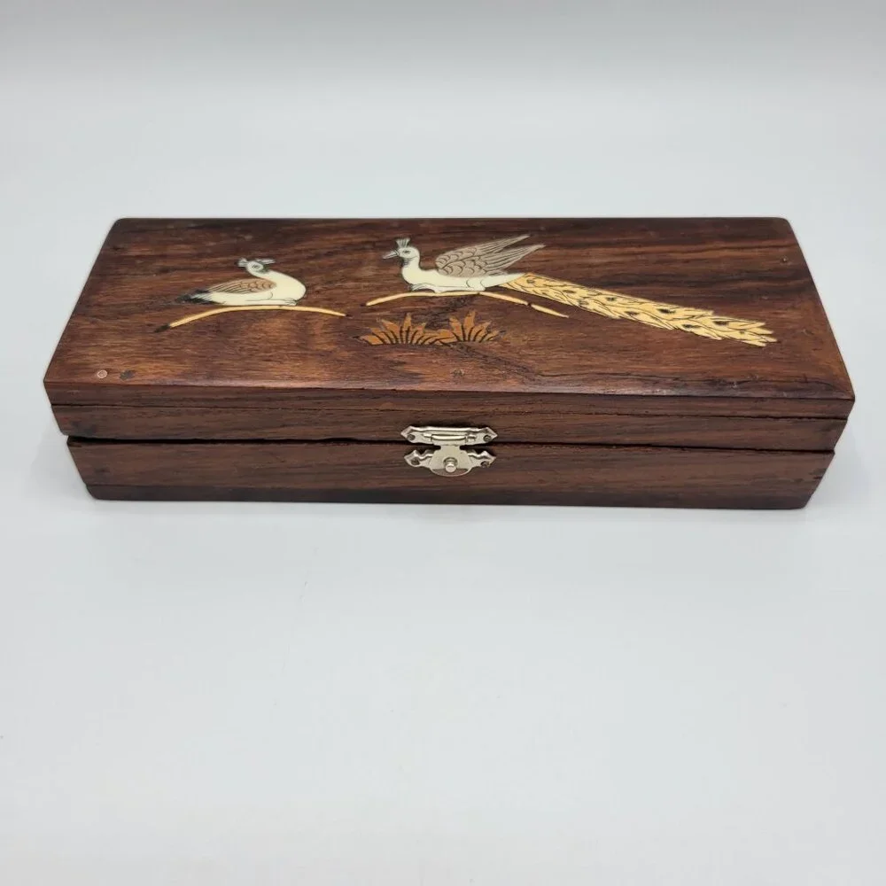Vintage Handcrafted Wooden Jewelry Trinket Box Inlaid Peacock Design Metal Latch